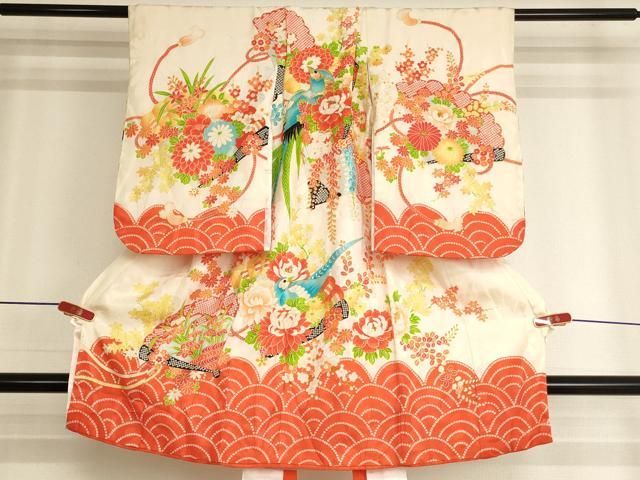 平和屋着物[]七五三　女の子　３歳　祝着　一つ身　刺繍　尾長鳥扇面花文　金糸　金彩　逸品　AABK9186ja 18,460円