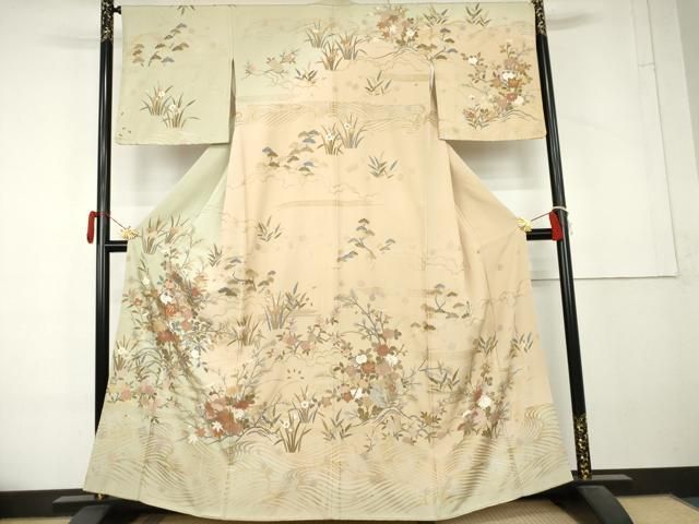 平和屋着物●訪問着　駒刺繍　雪輪流水枝花文　花都　暈し染め　金銀彩　正絹　逸品　AABL4183cs