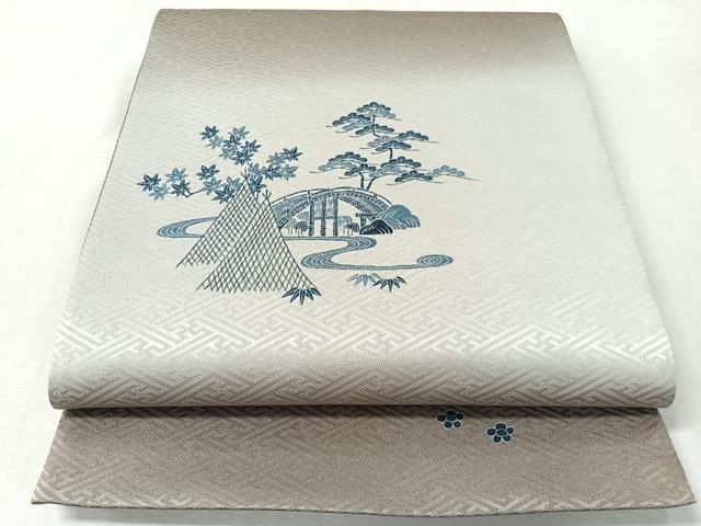 平和屋着物●太鼓柄袋帯　水辺風景文　銀通し地　正絹　逸品　CABL0176vp