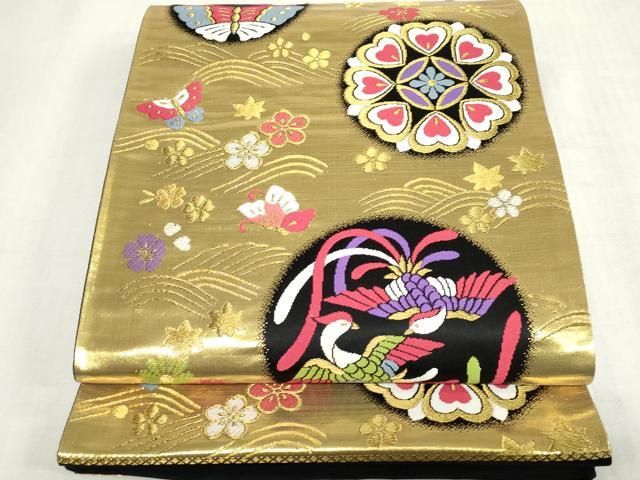 平和屋着物[]西陣　女の子　子供　全通柄袋帯　花蝶丸文　鳳凰　金糸　証紙付き　逸品　DABH5517ea
