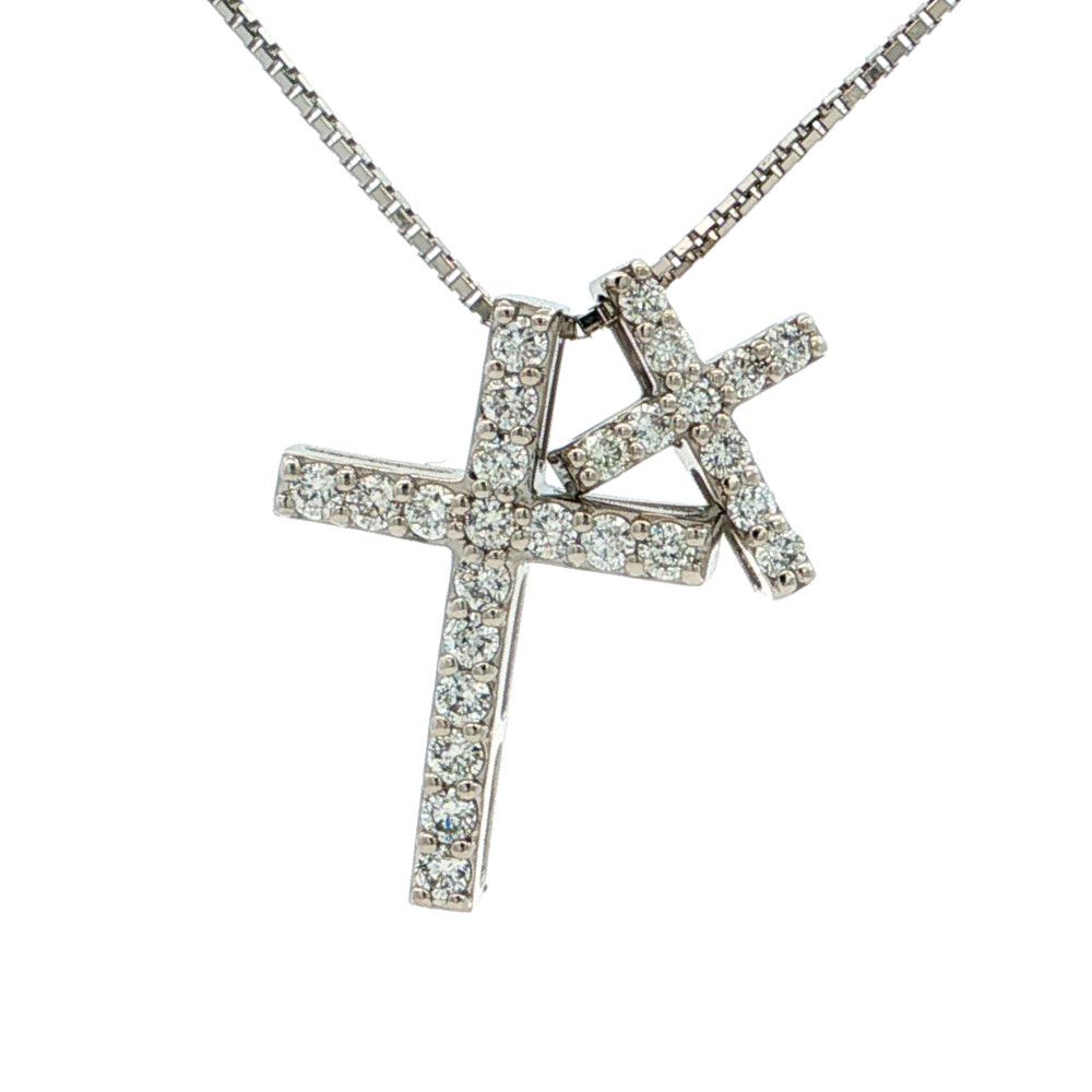0.22ct 0.11ct 2重 クロスモチーフ ダイヤモンドネックレス ペンダント Pt900-Pt850-4.2g プラチナ【N】【メンズ・レディース】★■620175【中古】