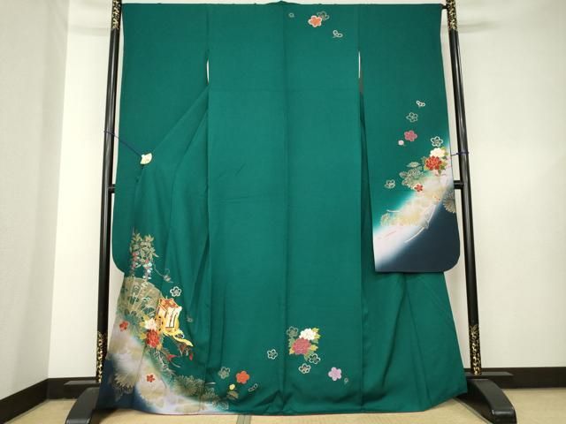 平和屋着物●豪華振袖　駒刺繍　御所車花文　金彩　正絹　逸品　AABL5473ck