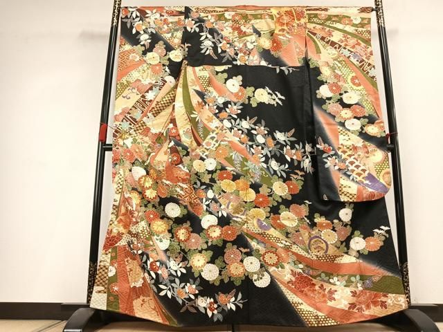 平和屋着物●豪華振袖　駒刺繍　熨斗花鳥文　暈し染め　黒地　金彩　正絹　逸品　AABL2947fy
