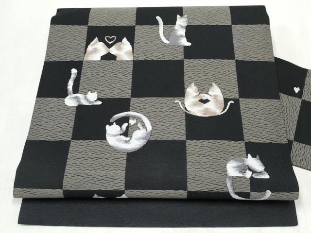 平和屋着物●九寸名古屋帯　猫　市松文様　黒地　正絹　逸品　CABL1008hy 30,420円