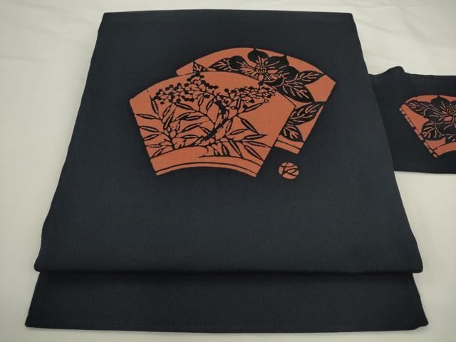 平和屋着物●九寸名古屋帯　作家物　地紙重ね草花文　草木手染　鬼しぼ縮緬　正絹　逸品　AABL2215pf