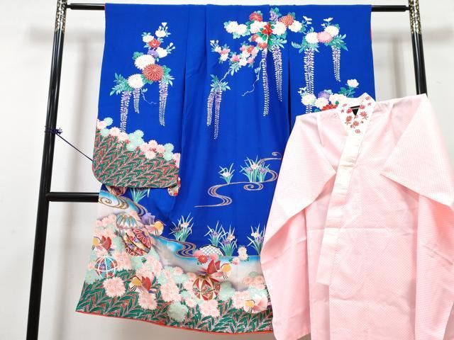 平和屋着物[]七五三　女の子　７歳　祝着　四つ身　長襦袢(単衣・半衿刺繍)セット　鴛鴦鞠花文　金銀彩　逸品　DABG3281ma