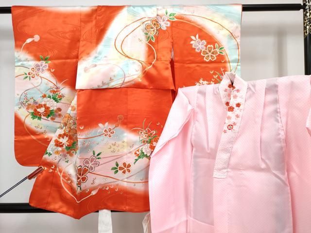 平和屋着物[]七五三　女の子　３歳　祝着　三つ身　長襦袢(無双仕立て・半衿刺繍)セット　花文箱　暈し染め　金彩　DABG3283ma
