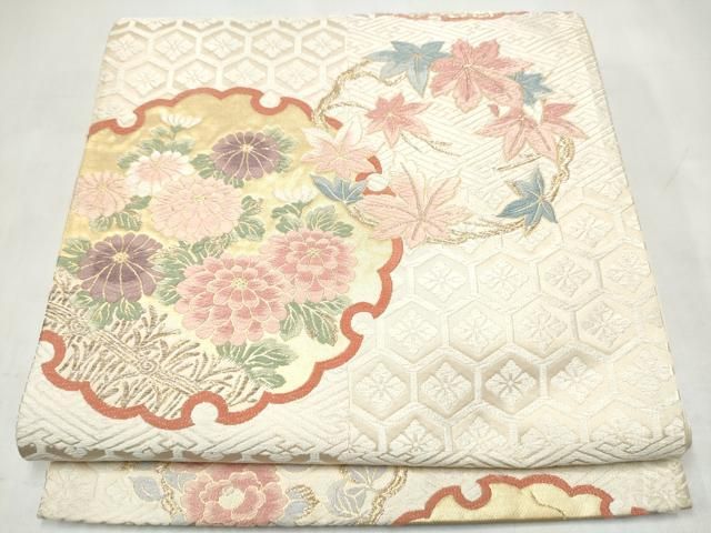 平和屋着物●六通柄袋帯　唐織　雪輪草花文　金糸　正絹　逸品　CABL0956hy