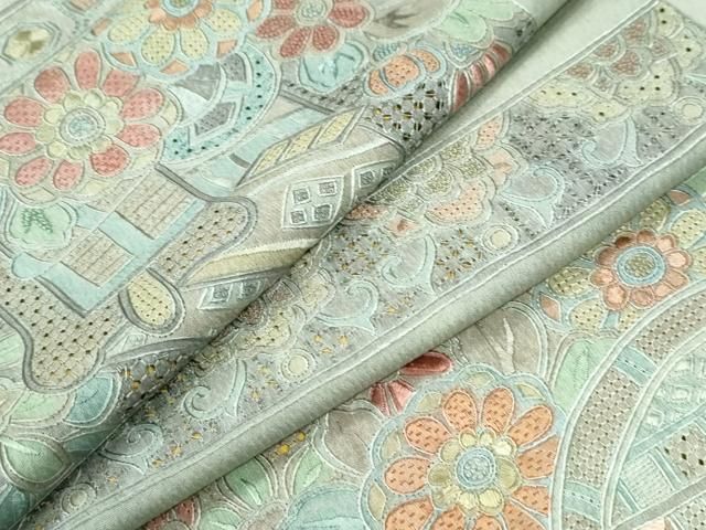 平和屋着物●中国三大刺繍 スワトウ刺繍 総刺繍 小紋 短冊御所車花文 正絹 逸品 CABI3493yc