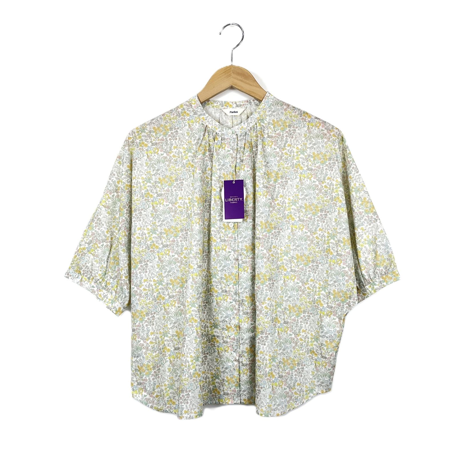 タグ付　PARKES　パークス　PH2422033　LIBERTY　リバティコレクション　ギャザースリーブ 5分袖ブラウス　半袖シャツ　Mサイズ　小花柄　ホワイト/マルチ
