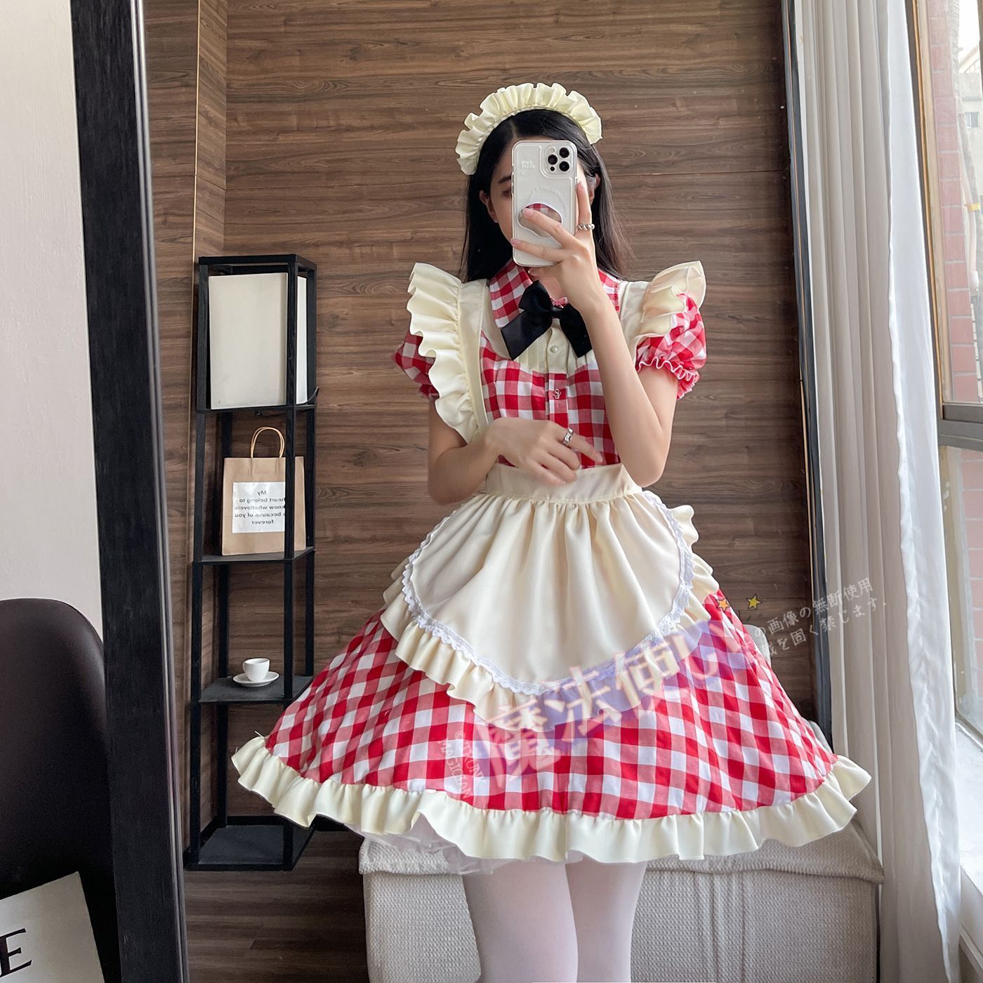 メイド服 ワンピース ロリータ コスプレ 衣装 レディース 大人用 チェック柄 レッド ブラック 半袖 ハロウィン 仮装 セクシー 蝶結び 可愛い 日常 萌え 喫茶店 CS81P112