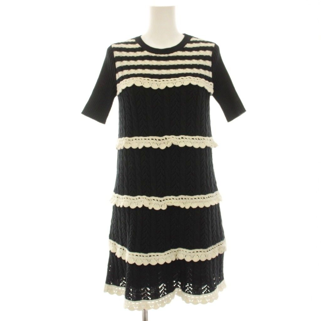 レッド ヴァレンティノ RED VALENTINO ニットワンピース ひざ丈 半袖 レース XS 黒 ブラック 白 ホワイト /HN ■GY62