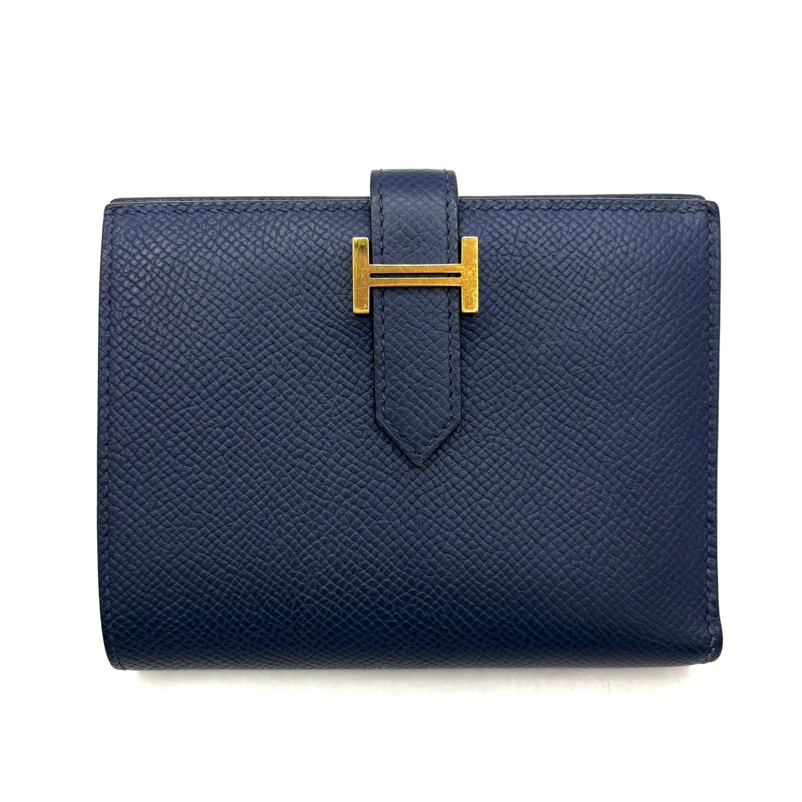 HERMES エルメス ベアンコンパクト ブルーニュイ/GP 二つ折り財布 ヴォーエプソン ブルーニュイ/ゴールド金具 W 2024年頃製造刻印 レディース【中古】471