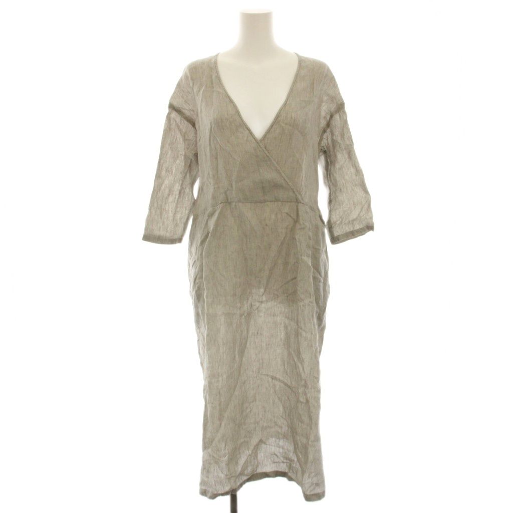 エヴァムエヴァ evam eva リネンワンピース linen one piece ミモレ ロング カシュクール 麻 七分袖 グレー E221T194 /HN