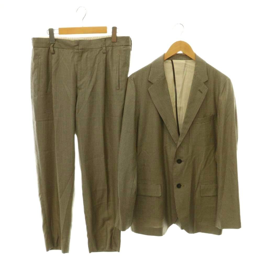 バーニーズニューヨーク BARNEYS NEW YORK シルクウール千鳥格子柄ジャケット×パンツ スーツ セットアップ 上下 テーラード 2B スラックス テーパード 48 茶 ブラウン ベージュ /HS ■OS