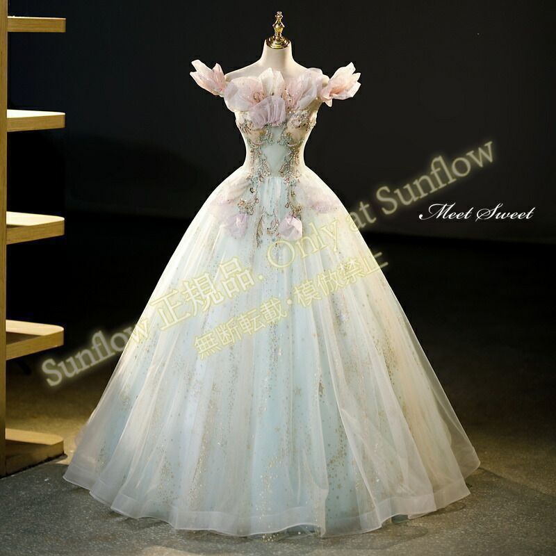 カラードレス プリンセスライン グリーン オフショルダー ビーズ ロングドレス ウェディングドレス 結婚式 二次会 花嫁 前撮り 演奏会 発表会 ステージ衣装CLF81