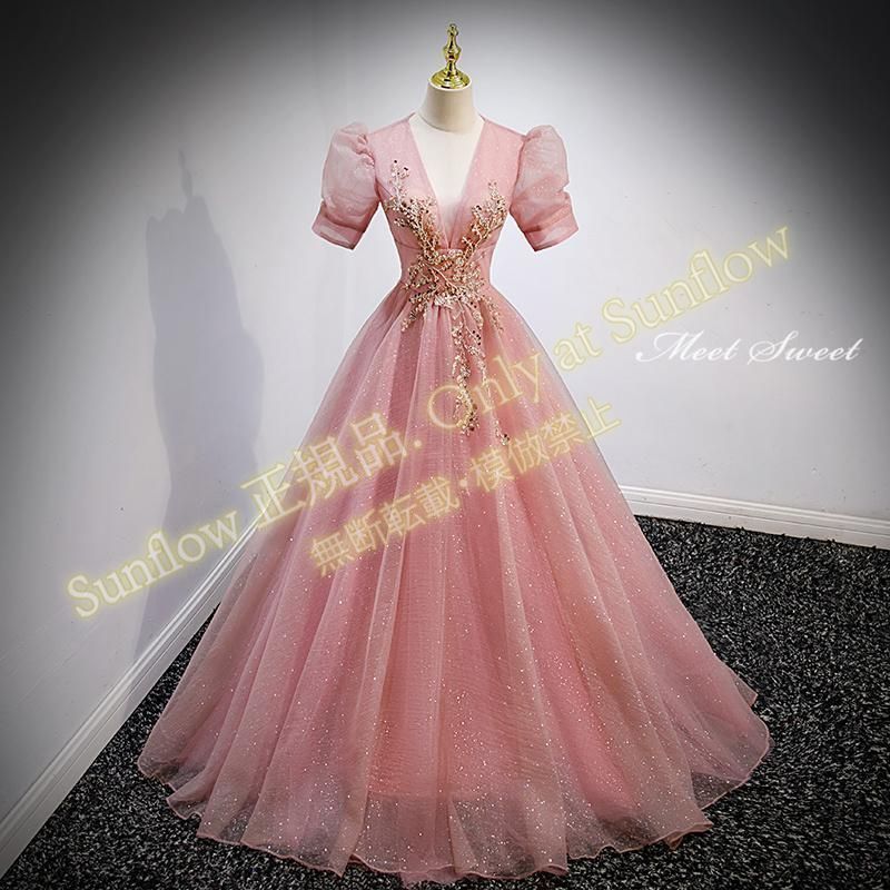 カラードレス 編み上げ ピンク パフスリーブ ステージドレス ロングドレス 結婚式 二次会 発表会 演奏会 ウェディングドレス ウエディングドレス Aラインドレス イブニングドレス コンサート 前撮り パーティードレス ブライダル 花嫁 披露宴CLF81