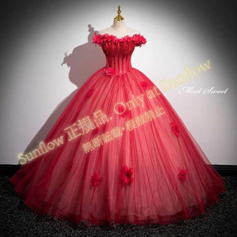 カラードレス プリンセスライン ロングドレス レッド オフショルダー フラワー ウェディングドレス 結婚式 二次会 花嫁 前撮り 演奏会 発表会 ステージ衣装 ウエディングドレス パーティードレス ブライダル 大人 舞台CLF81