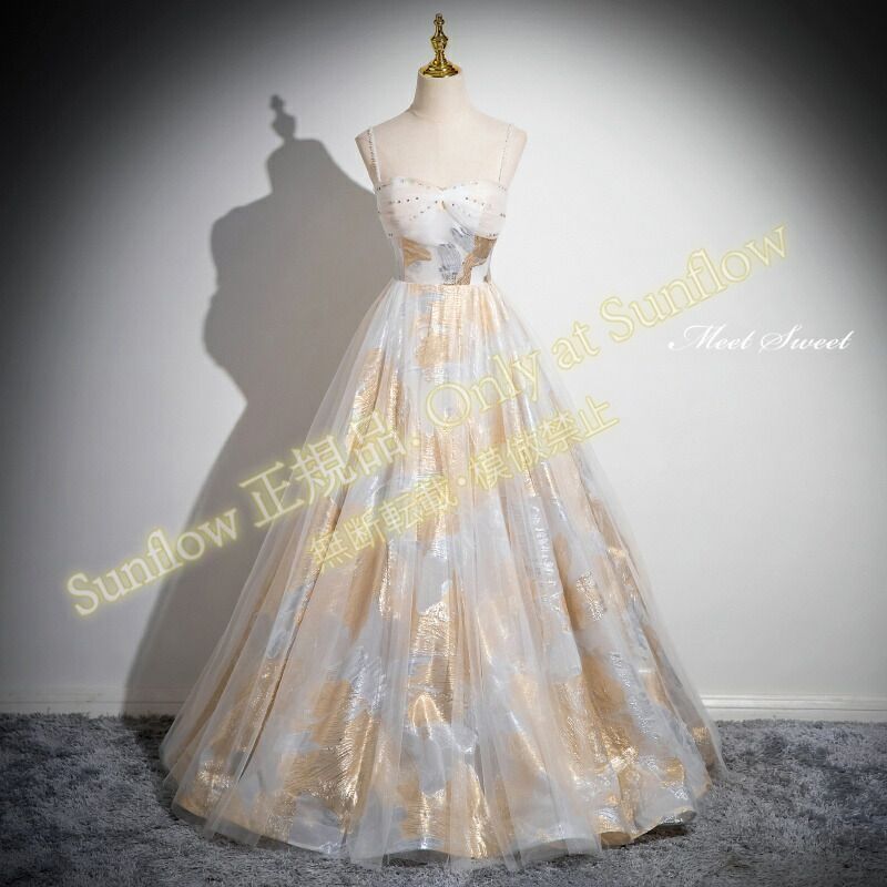 カラードレス プリンセスライン ゴールド キャミソール 袖なし ロングドレス ウェディングドレス 結婚式 二次会 花嫁 前撮り 演奏会 発表会 ステージ衣装 ウエディングドレス パーティードレス ブライダルCLF81