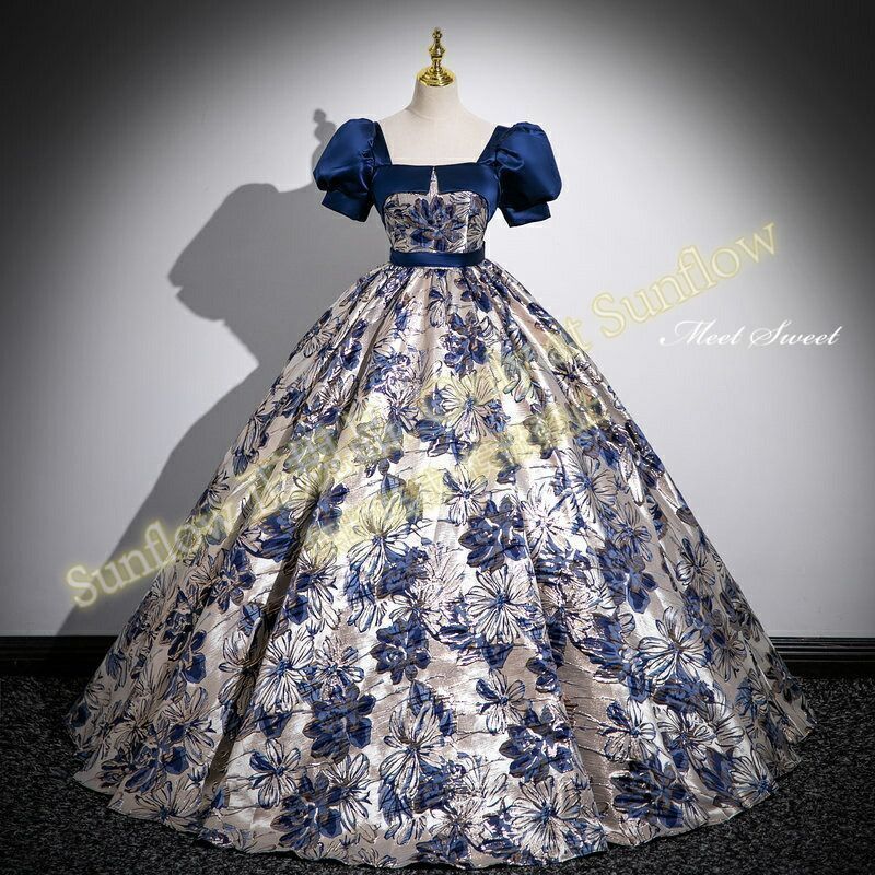 カラードレス プリンセスライン ネイビー 花柄 パフスリーブ 紺 ロングドレス ウェディングドレス 結婚式 二次会 花嫁 前撮り 演奏会 発表会 ステージ衣装 ウエディングドレス パーティードレス ブライダルCLF81