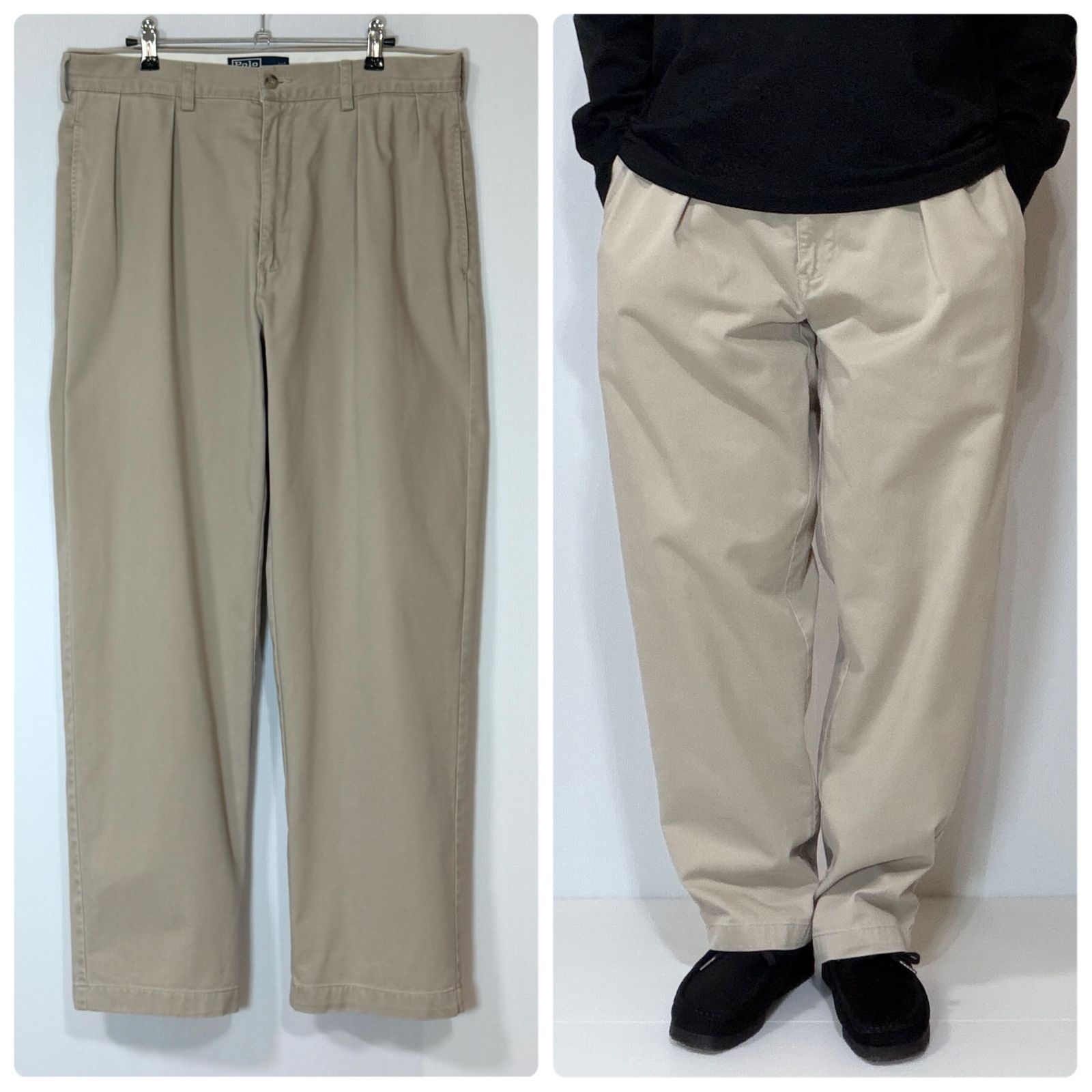 超良サイズ 90s Polo by Ralph Lauren ANDREW PANT W34L30 ベージュ ポロラルフローレン ツータック チノパン アンドリューパンツ スラックス ワイドテーパード ポロチノ 厚手 極太 ゴールデンサイズ p26073702
