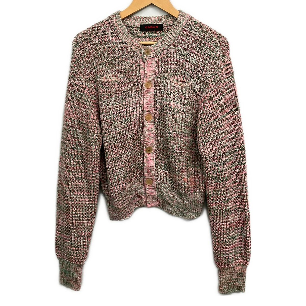 CABaN(キャバン) カーディガン サイズF レディース美品 - ピンク×白×グリーン 長袖/カシミヤ混/ダブルポケット 11,431円