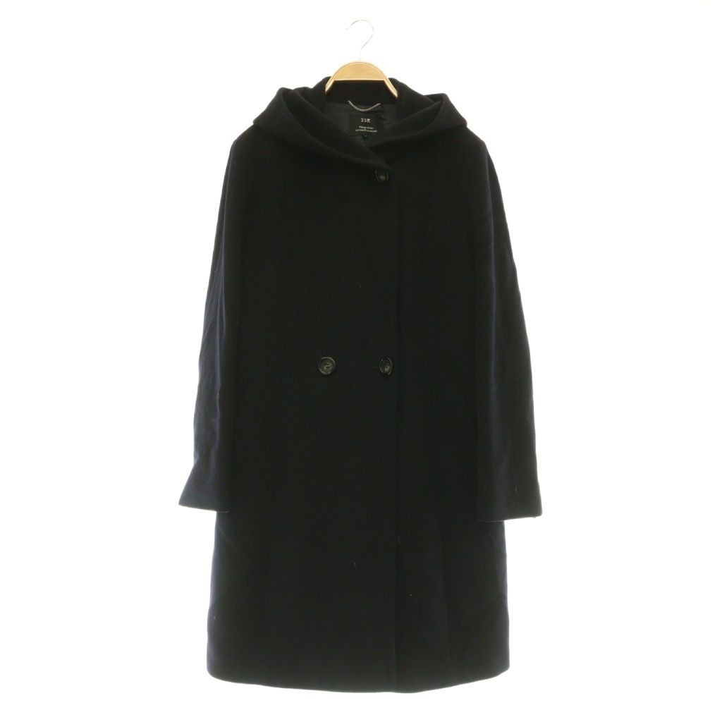 23区 オンワード樫山 17AW ロングコート ウールアンゴラ フード 比翼ボタン 42 ネイビー /MY ■OS ■ECC007