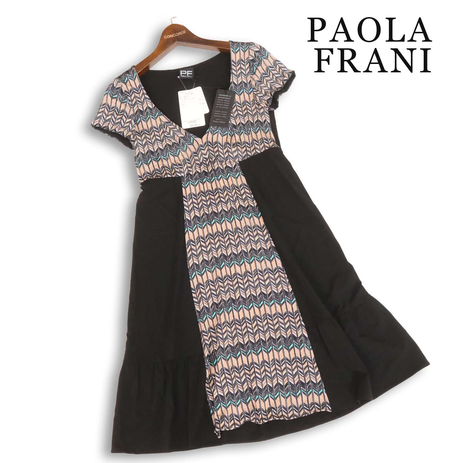 【新品 定価7.6万】 PAOLA FRANI パオラフラーニ 春夏★ 半袖 切替 ストレッチ ジャージー ワンピース Sz.40 レディース 黒