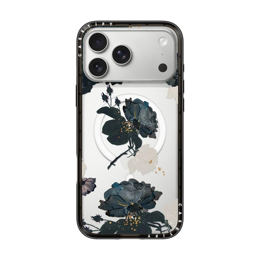 CASETiFY コンパクト iPhone 17 Pro Max ケース [MagSafe対応/薄型 軽量/耐衝撃] - White and Black Floral - クリア ブラック