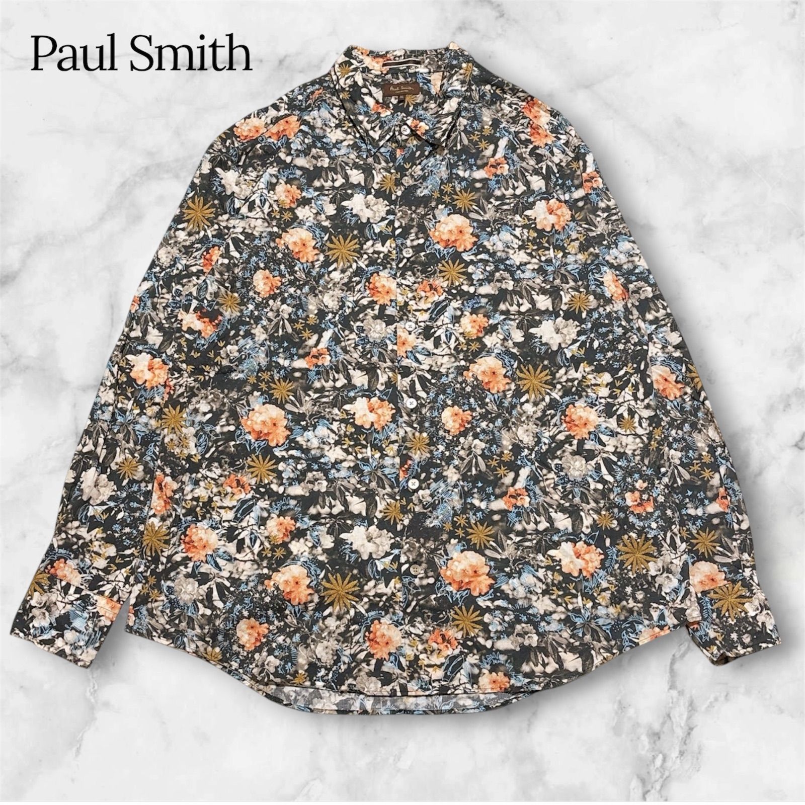 【極美品】Paul Smith COLLECTION ポールスミスコレクション XL スモーキーフローラル フラワーグラフィック 長袖ドレスシャツ 黒 オレンジ ブラック 総柄 花柄 小花柄 ボタニカル 希少 日本製 224379 高級ライン B1223