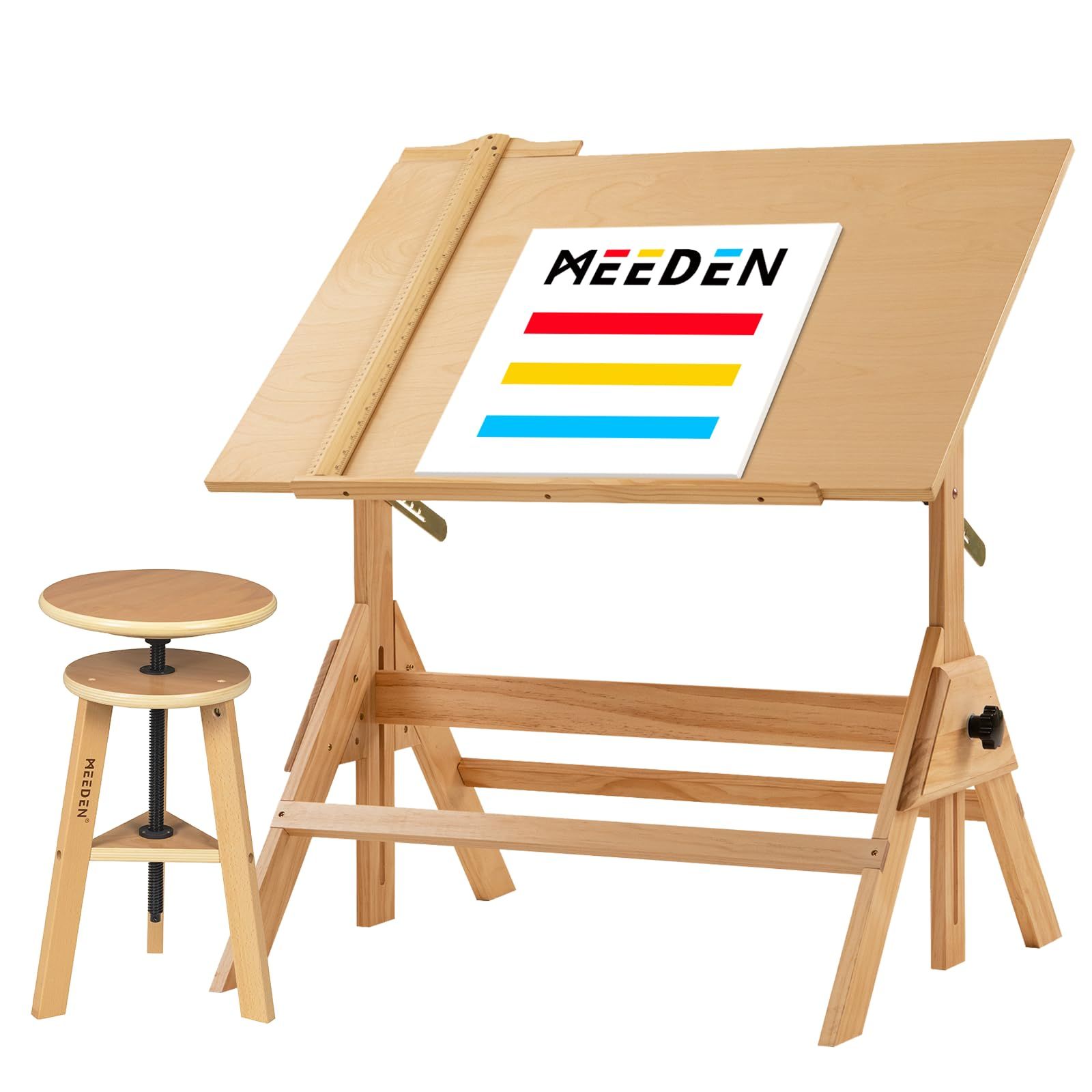 MEEDEN 製図テーブル スツールセット ブナ木製 昇降式 角度 高さ調節 定規付き 作業用デスク デッサン 勉強 デザイン