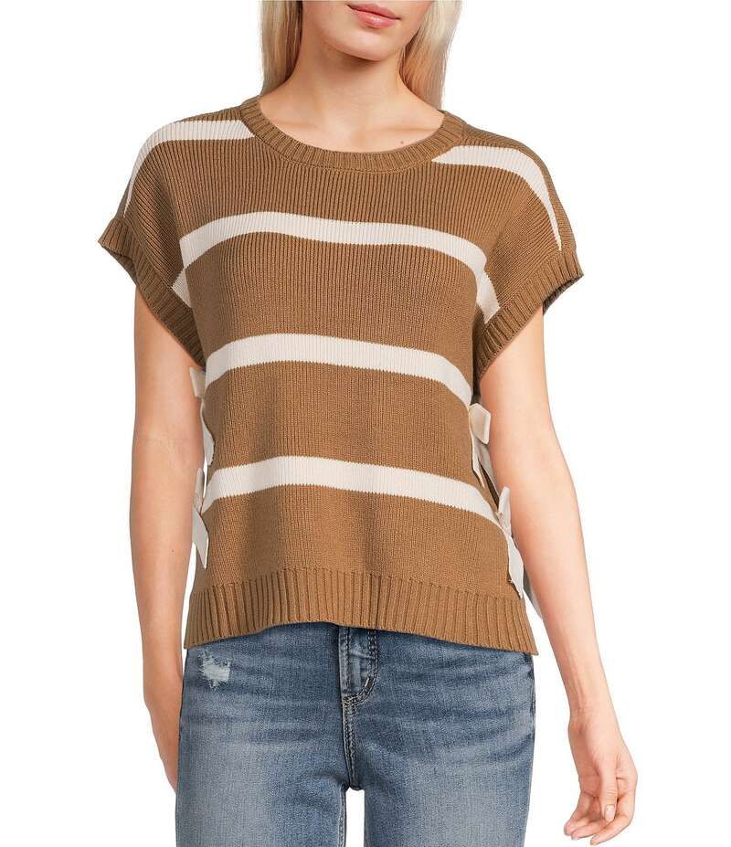 ブルーペッペーブルーペッパー レディース アウター ニット・セーター セーター Blu Pepper Striped Short Sleeve Side Bow Detail Sweater Ligh 11,610円