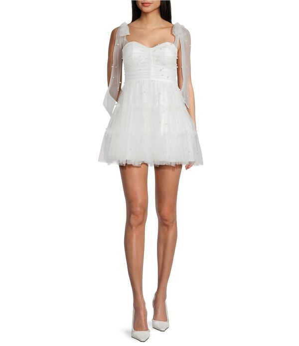 ビーダーリン レディース トップス ワンピース メッシュ B Darlin Faux Pearl Embellished Mesh Bustier Bodice Tie Shoulder Dress
