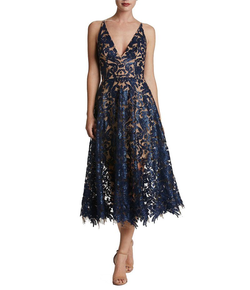 ドレスザポプレーション レディース トップス ワンピース Vネック A ライン メッシュ スパンコール ノースリーブ 刺繍 Dress the Population Blair Sequin Embr