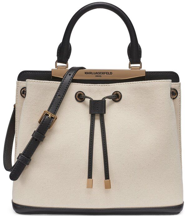 カール ラガーフェルド レディース バッグ KARLAGERFELD PARIS Evelina Canvas Drawstring Top Handle Bucket Bag Natural Bla