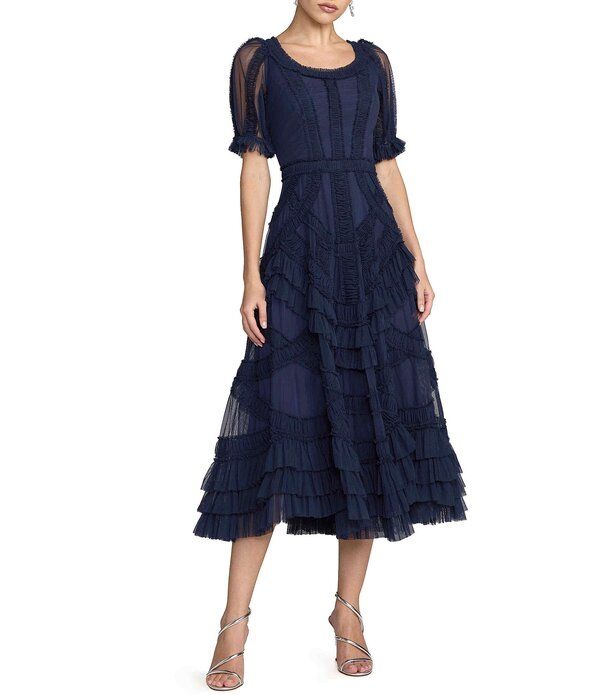 マックダガル レディース トップス ワンピース A ライン フリル メッシュ ミディ Mac Duggal Short Sleeve Micro Ruffle Mesh Aline Midi Dres