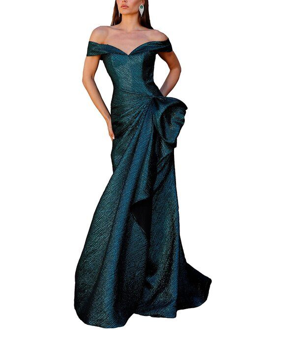 テラニクチュール レディース トップス ワンピース フリル Terani Couture Foil Jacquard Off The Shoulderuffled Mermaidress Hunter
