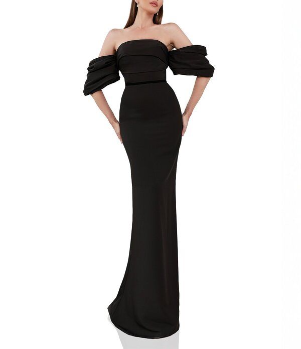 テラニクチュール レディース トップス ワンピース ドレープ サテン Terani Couture OffTheShoulder Draped Short Sleeves Matte Satin Co