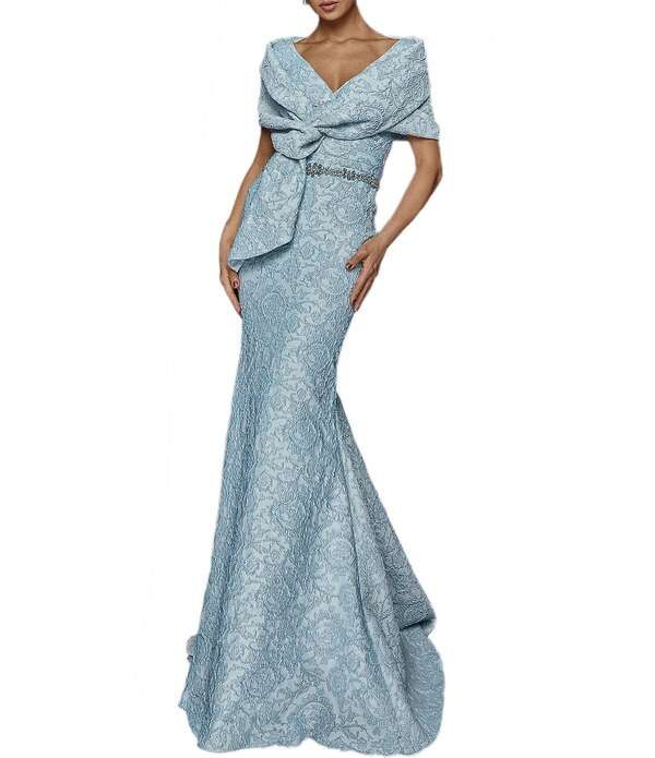 テラニクチュール レディース トップス ワンピース Terani Couture Brocade Twisted Short Sleeve Beaded Waist Mermaid Gown Powd 80,190円
