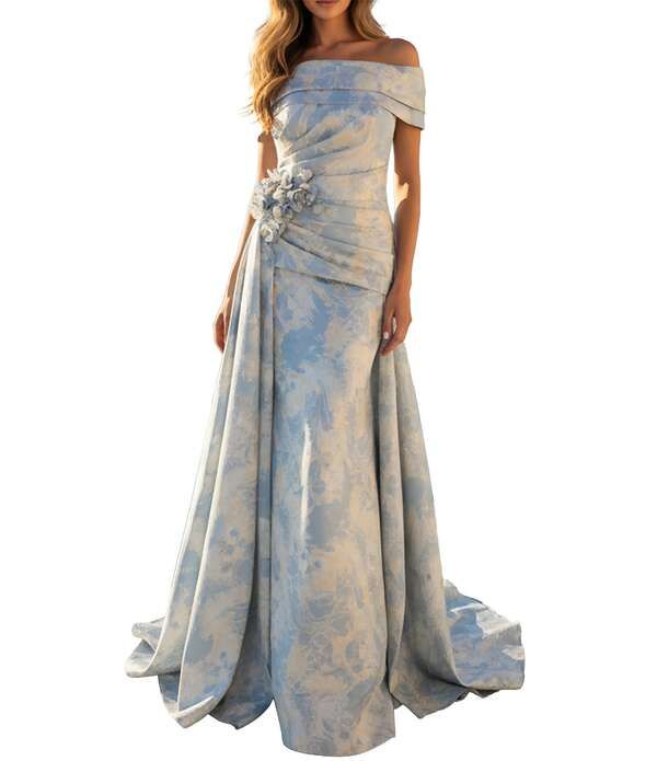 テラニクチュール レディース トップス ワンピース Terani Couture Jacquard OffTheShoulder Sheath Gown Blue Stone Gold ブルー