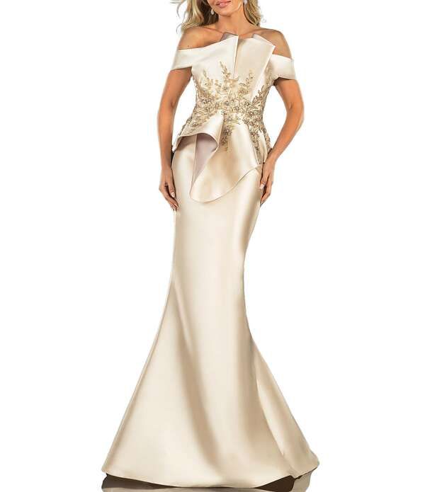 テラニクチュール レディース トップス ワンピース フラワー柄 プリーツ フラワー Terani Couture OfftheShoulder Pleated Floral Beaded Bodice