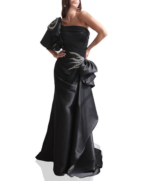 テラニクチュール レディース トップス ワンピース サイドスリット フリル スパンコール Terani Couture Mikadone Shoulderuffle Sleeve Sequin App
