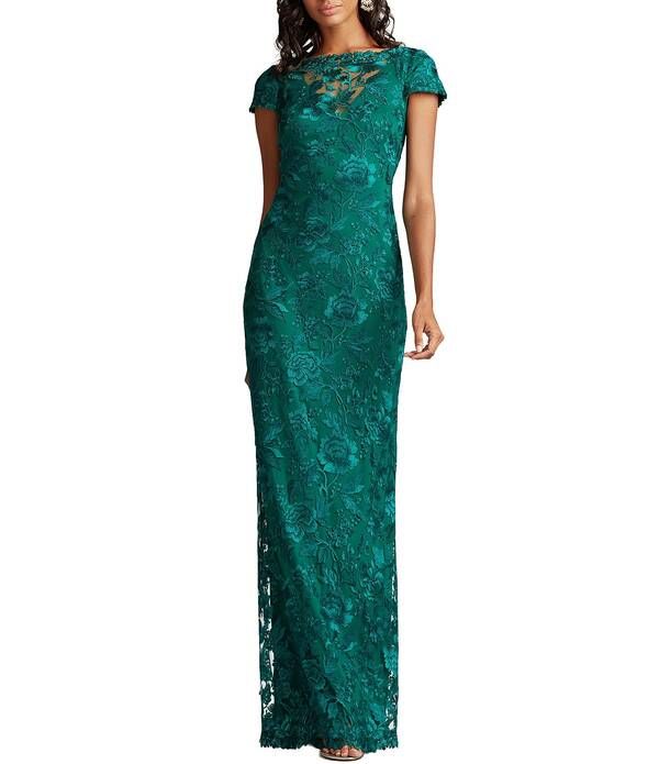 タダシショージ レディース トップス ワンピース キャップ レース Tadashi Shoji Bateau Neck V back Cap Sleeve Lace Column Gown Malac