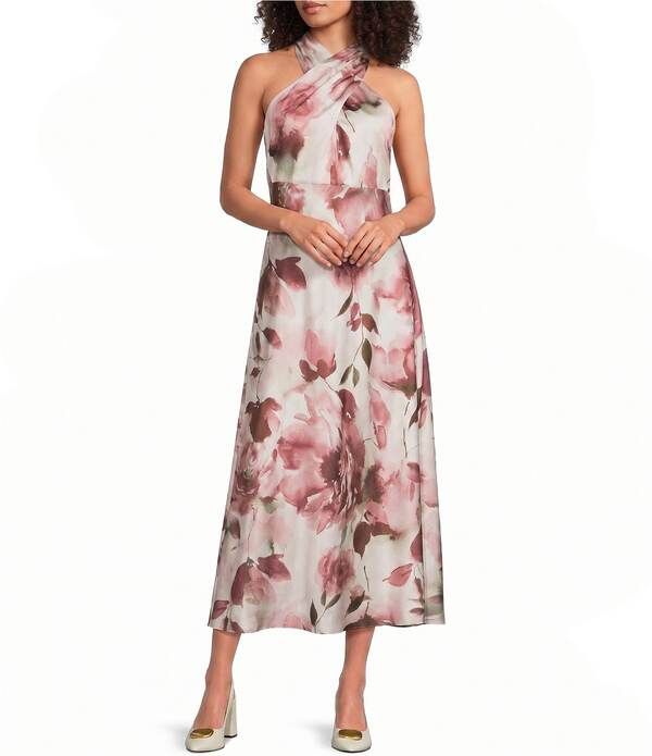 ダナキャラン レディース トップス ワンピース フラワー柄 ミディ ノースリーブ フラワー ホルター Donna Karan Floral Charmeuse Halter Neck Sleevele