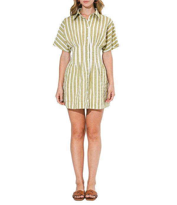 アドレイン ラエ レディース トップス ワンピース プリーツ シャツ Adelyn Rae Posie Pleated Striped Shirt DressageOff White オフホワイト