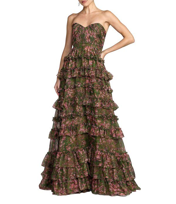 マックダガル レディース トップス ワンピース シフォン フラワー柄 フリル ストラップレス フラワー Mac Duggal Strapless Floral Chiffon ball Gown Wi