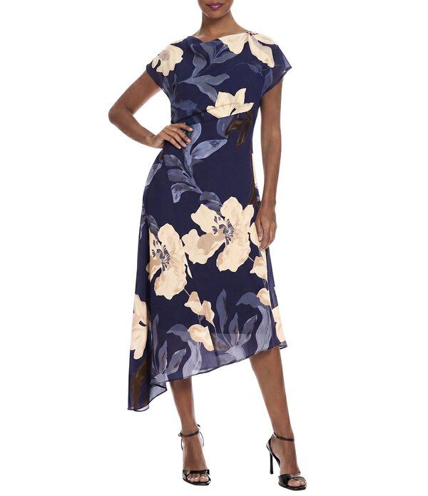 マギーロンドン レディース トップス ワンピース アシンメトリー フラワー柄 ジョーゼット ミディ キャップ フラワー Maggy London Floral Georgette Cowl Neck