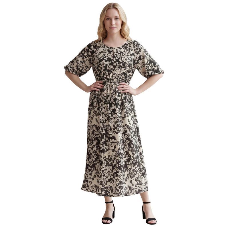 Ellos レディース トップス ワンピース プラスサイズ ミディ サテン エンパイア Ellos Plusize Satin Keyholempire Midi Dress Black White