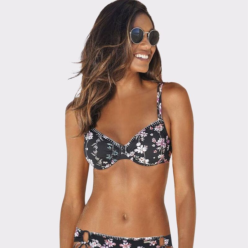 ラスカーナ レディース 水着 トップのみ Lascana Womens Trimmed Underwire Bikini Top Black Printed ブラック