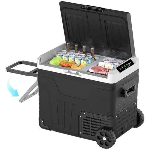 【新品】車載冷蔵庫 46L ポータブル冷蔵庫 2室独立温度制御 水抜き栓付き 蓋の向き変更可能 栓抜き 「ハンドルとキャスター付きで持ち運びやすい」 バスケット付き -20℃?20℃ 急速冷凍 コンプレッサー式 LED庫内灯 MAX/ECOモ 23561c33